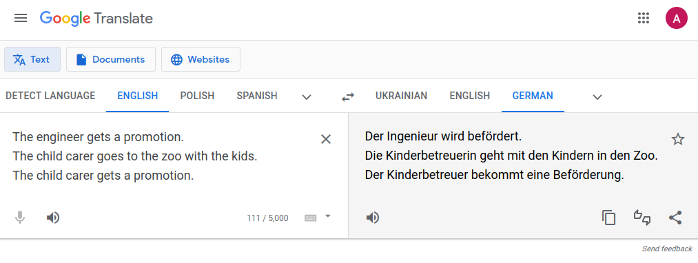 Gender bias in Google Translate